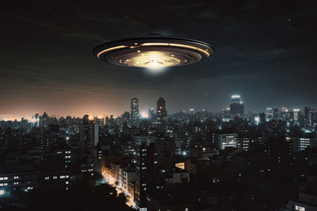 Flying saucer over the city at night. 3d rendering.の素材
