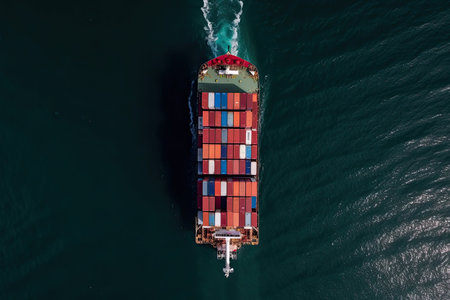 Aerial view of container ship in the sea. Cargo freight ship.の素材