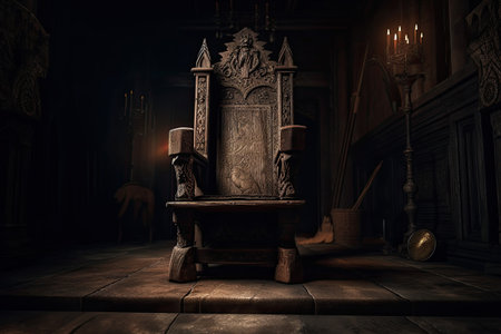 Medieval throne in a dark room. Halloween concept. 3D Renderingの素材