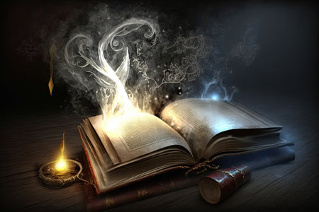 Open magical book with glowing lights over pages on abstract background. Fantasy reading. Generative AIの素材