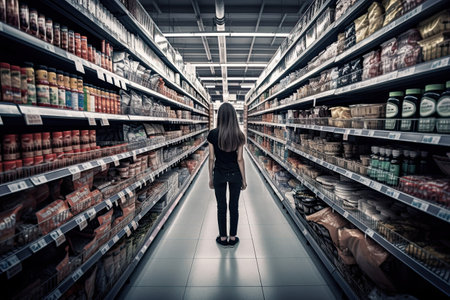 Woman standing in supermarket interior among shelves and choosing products. Generative AIの素材