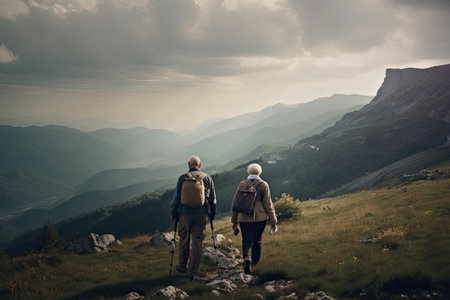 Senior couple hiking in mountains. Elderly tourists with bikepacks travelling outdoor. Active lifestyle in old age. Generative AIの素材