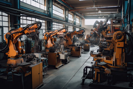 Production line of the factory for the production of robots and automated machinery. Industrial backgroundの素材