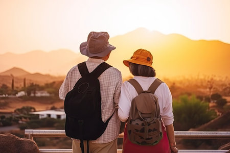 Senior couple hiking in mountains. Elderly tourists with bikepacks travelling outdoor. Active lifestyle in old age. Generative AIの素材
