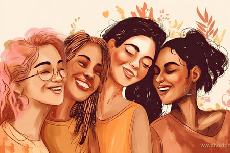 Vector illustration of a group of smiling women with different hairstyles.の素材