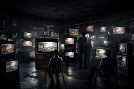 Silhouette of two men looking at old TV in the dark roomの素材