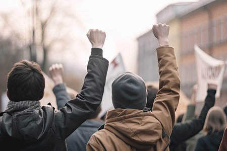 Back view of aggressive people protesting at city street. Protest activists. Crowd with raising fists. Angry people make revolution. Generative AIの素材