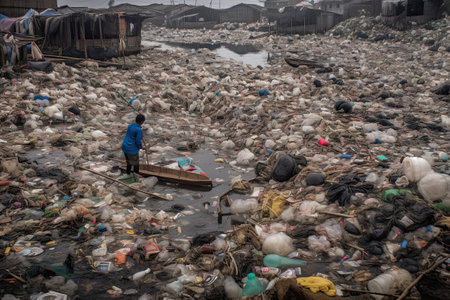 Mam standing in a huge dump with a lot of plastic waste and various used garbage. Environmental pollution concept. Generative AIの素材