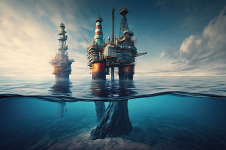 Offshore drilling rig at sea. Platform for oil production. Oil and gas industry. Generative AIの素材