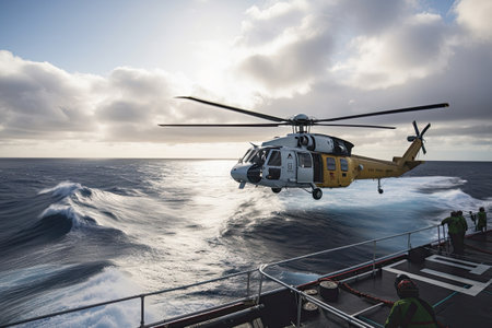 Search and rescue operation in sea. Emergency rescue helicopter flies over sea surface, looking for victims after crash. Generative AIの素材