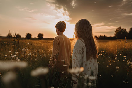 Boy and girl walking at blooming field in sunset. Silhouettes of children against beautiful landscape. Romantic feelings and emotions of couple. Generative AIの素材