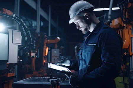 Engineer with tablet computer at factory workplace. Industrial worker controls operation of robotic production line. Generative AIの素材