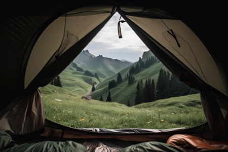 Amazing view from inside tent to mountain landscape. Camping during hike in mountains, outdoor activities. Generative aiの素材