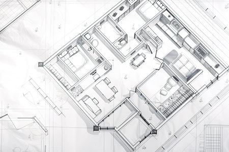 Architectural plan on white paper. Technical project of living room. Drawing for construction. Generative AIの素材