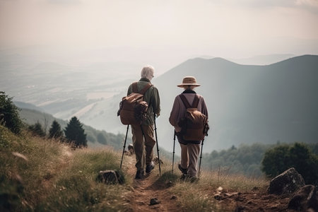 Senior couple hiking in mountains. Elderly tourists with bikepacks travelling outdoor. Active lifestyle in old age. Generative AIの素材