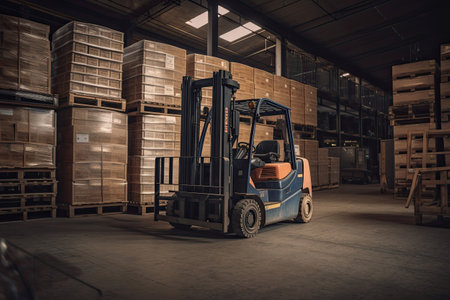 Forklift for loading pallets with packages in warehouse interior. Commercial distribution warehouse with shelves and boxes. Generative AIの素材