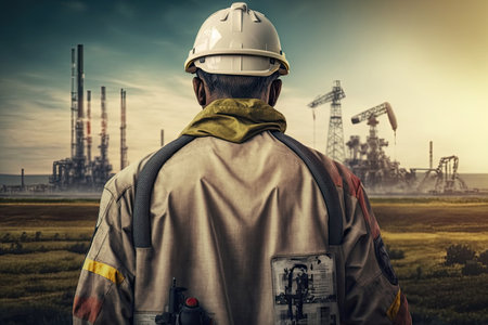 Back view of idustrial worker wearing protective uniform and safety helmet standing near heavy industry factory. Generative AIの素材