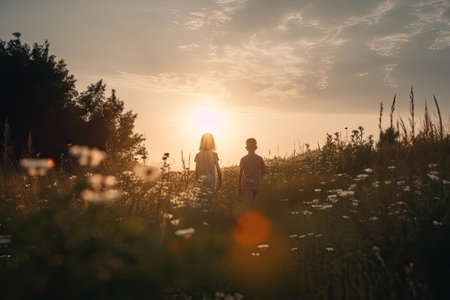 Boy and girl walking at blooming field in sunset. Silhouettes of children against beautiful landscape. Romantic feelings and emotions of couple. Generative AIの素材