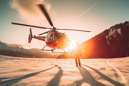 Search and rescue operation in mountains. Medical rescue helicopter landing in snowy mountains. Generative AIの素材