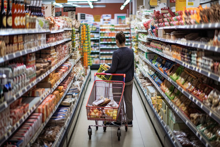 Woman standing in supermarket interior among shelves and choosing products. Generative AIの素材