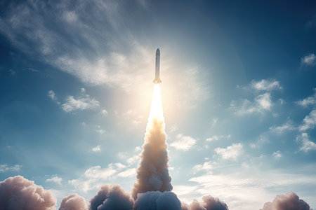 Rocket launch from cosmodrome. Fight of space rocket in blue sky. Space mission. Space Shuttle takeoff. Generative AIの素材