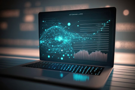 Digital data and network connection on laptop screen. Big data analysis. Network information and data protection concept. Generative AIの素材
