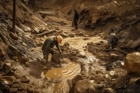 Gold panning. Prospector is looking for gold in the river during gold rush. Generative AIの素材