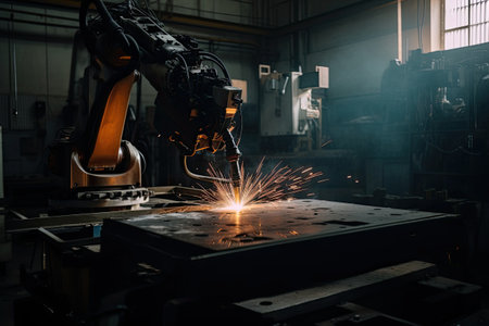 Robotic arm works on welding. Conveyor line at factory. Automatic welding. Generative AIの素材