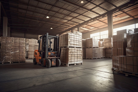 Forklift for loading pallets with packages in warehouse interior. Commercial distribution warehouse with shelves and boxes. Generative AIの素材