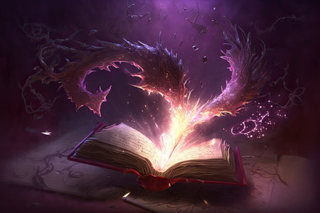 Open magical book with fantasy landscape over pages. Generative AIの素材