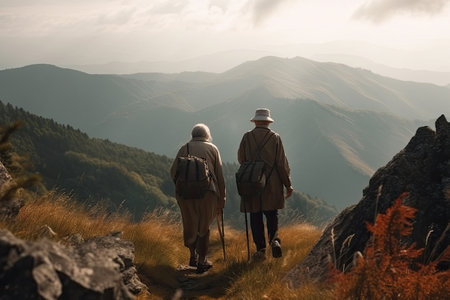 Senior couple hiking in mountains. Elderly tourists with bikepacks travelling outdoor. Active lifestyle in old age. Generative AIの素材