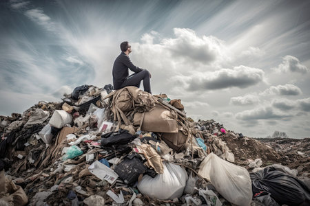 Man sitting on top of huge dump with a lot of plastic waste and various used garbage. Environmental pollution concept. Generative AIの素材