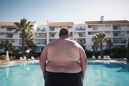 Back view of fat man with overweight standing near swimming pool at hotel resort. Problem of obesity during summer holidays. Created with Generative AIの素材