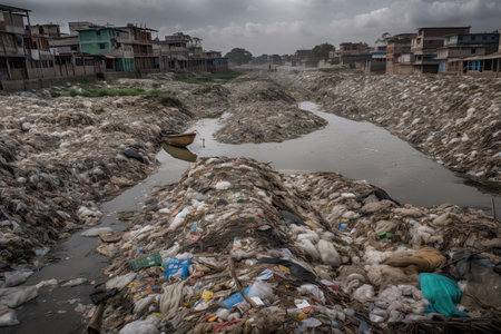Huge dump with a lot of plastic waste and various used garbage. Environmental pollution concept. Generative AIの素材