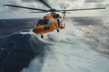 Search and rescue operation in sea. Emergency rescue helicopter flies over sea surface, looking for victims after crash. Generative AIの素材