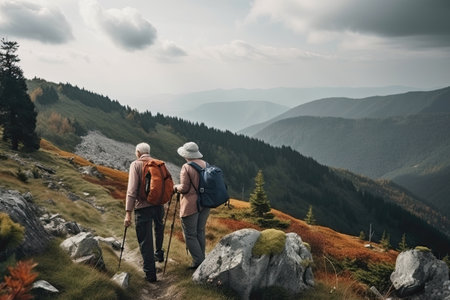 Senior couple hiking in mountains. Elderly tourists with bikepacks travelling outdoor. Active lifestyle in old age. Generative AIの素材