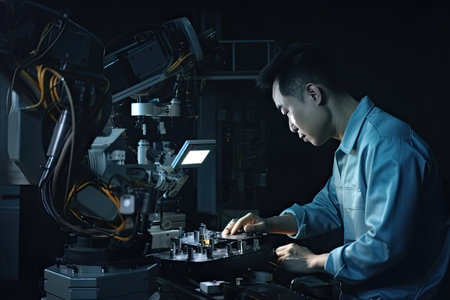 Engineer with tablet computer at factory workplace. Industrial worker controls operation of robotic production line. Generative AIの素材