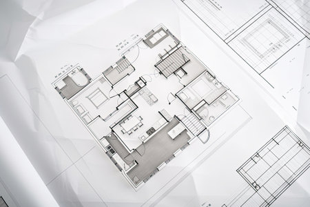 Architectural plan on white paper. Technical project of living room. Drawing for construction. Generative AIの素材