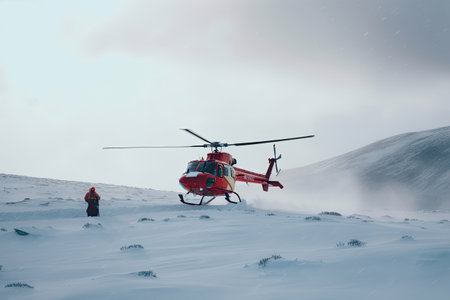Search and rescue operation in mountains. Medical rescue helicopter landing in snowy mountains. Generative AIの素材