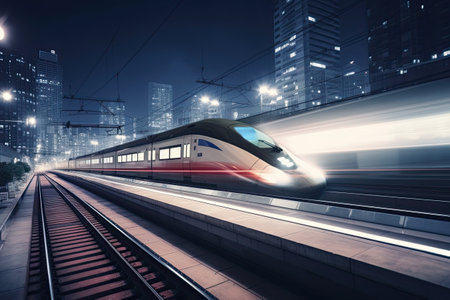 Modern high speed train at night. Fast train in city with motion blur effect, Public transport. Railway transportation. Generative AIの素材