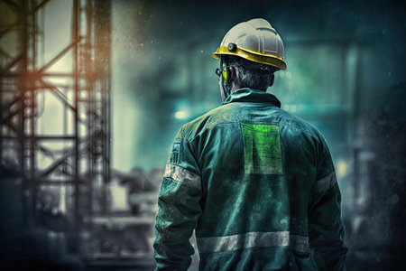 Back view of idustrial worker wearing protective uniform and safety helmet standing near heavy industry factory. Generative AIの素材