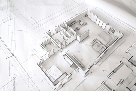 Architectural plan on white paper. Technical project of living room. Drawing for construction. Generative AIの素材