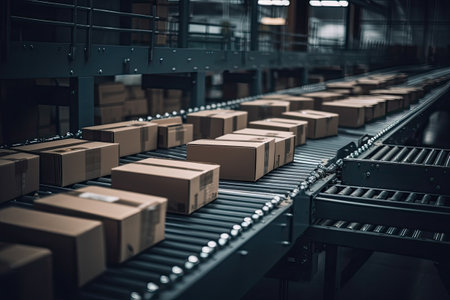 Cardboard boxes on conveyor belt in warehouse. Automatic production line. Logistic and shipment. Created with Generative AIの素材