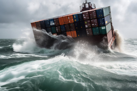 Cargo ship with containers on board in stormy sea. Strong waves damaged cargo ship, wrecked containers in water. Created with Generative AIの素材