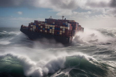 Cargo ship with containers on board in stormy sea. Strong waves damaged cargo ship, wrecked containers in water. Created with Generative AIの素材