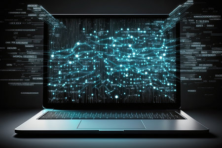 Digital data and network connection on laptop screen. Big data analysis. Network information and data protection concept. Generative AIの素材