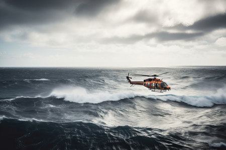 Search and rescue operation in sea. Emergency rescue helicopter flies over sea surface, looking for victims after crash. Generative AIの素材