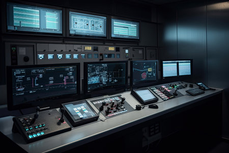 Central control panel. Operator workplace with a lot of screens and buttons for monitoring technology process at production line. Generative AIの素材