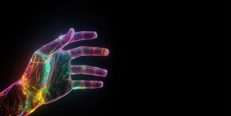 Digital hand hologram on dark background with copy space. Neural network connection. Communication with artificial intelligence. Created with Generative AIの素材