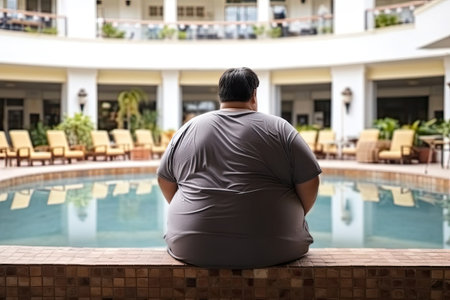 Back view of fat man with overweight standing near swimming pool at hotel resort. Problem of obesity during summer holidays. Created with Generative AIの素材